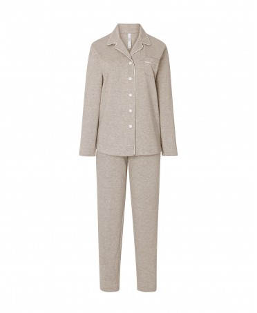 Pijama largo de mujer, chaqueta vigore con vivo abierta con botones manga larga, pantalón vigore largo color marrón