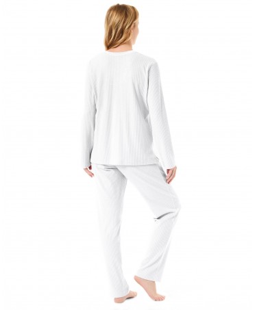 Rear view ivory coloured women's pyjamas with long sleeves and V-neck with lace trimming