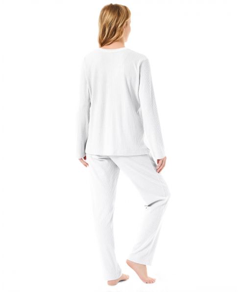 Rear view ivory coloured women's pyjamas with long sleeves and V-neck with lace trimming