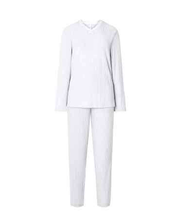 Women's long pyjamas, ivory long-sleeved plain canale jacket, V-neck with lace, plain canale long trousers.