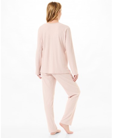 Rear view pink women's pyjamas with long sleeves and V-neck with lace collar