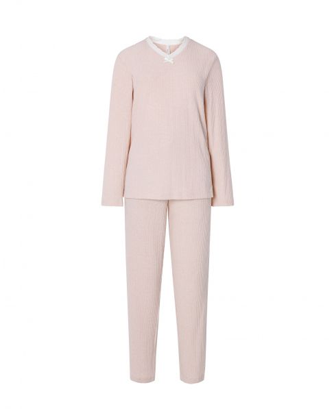 Pijama largo de mujer, chaqueta canale lisa manga larga rosa, cuello pico con puntilla, pantalón largo canale liso.