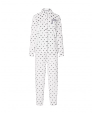 Lohe women's long pyjamas, open velvet jacket with buttons, long sleeves, polka dots print, long velvet trousers with pockets.