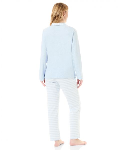 Rear view of light blue long-sleeved pyjamas with striped trousers