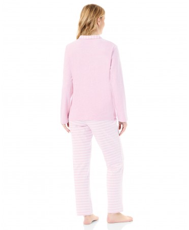 Rear view of pink long-sleeved pyjamas with striped trousers