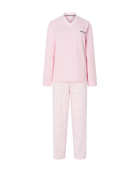 Women's pink pyjamas, long sleeved plain jacket, V-neck, long trousers with striped print.