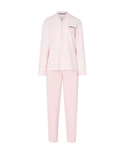 Pijama largo de manga larga rosa a rayas, cuello pico con botones, pantalón largo liso.