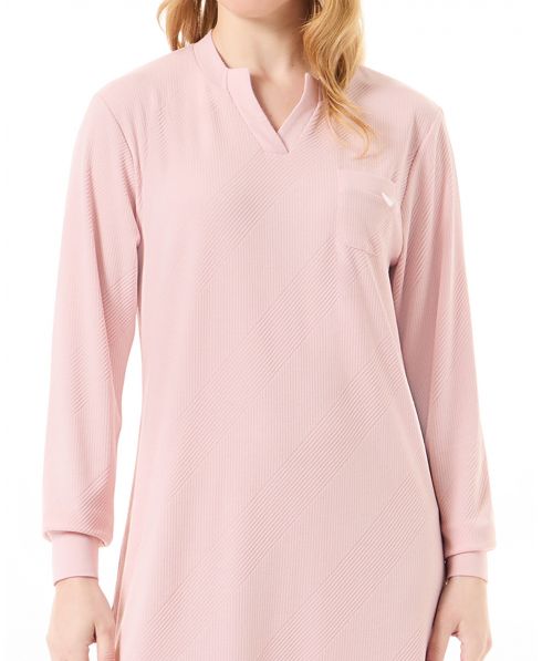 V-neck detail of pale pink ribbed long nightgown