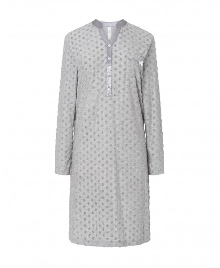 Lohe women's long nightdress, long-sleeved polka dot fabric, V-neck with buttons.