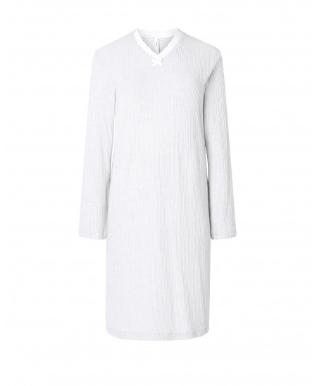 Lohe women's long nightdress, plain ribbed, long sleeves, V-neck with ivory-coloured lace trimming