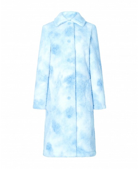 Lohe women's light blue long coat, open with sheepskin buttons, long sleeves, with side pockets.
