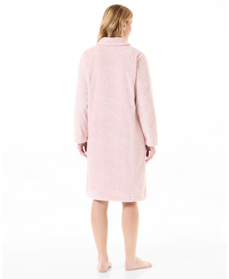 Rear view of long winter dressing gown with pink pockets