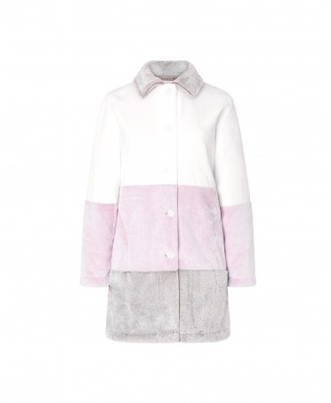 Lohe women's short dressing gown, open with buttons, long sleeves, pink tricolour print with side pocket.