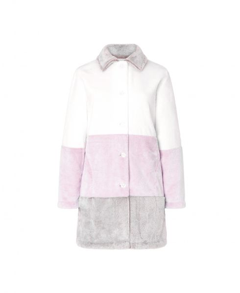 Lohe women's short dressing gown, open with buttons, long sleeves, pink tricolour print with side pocket.