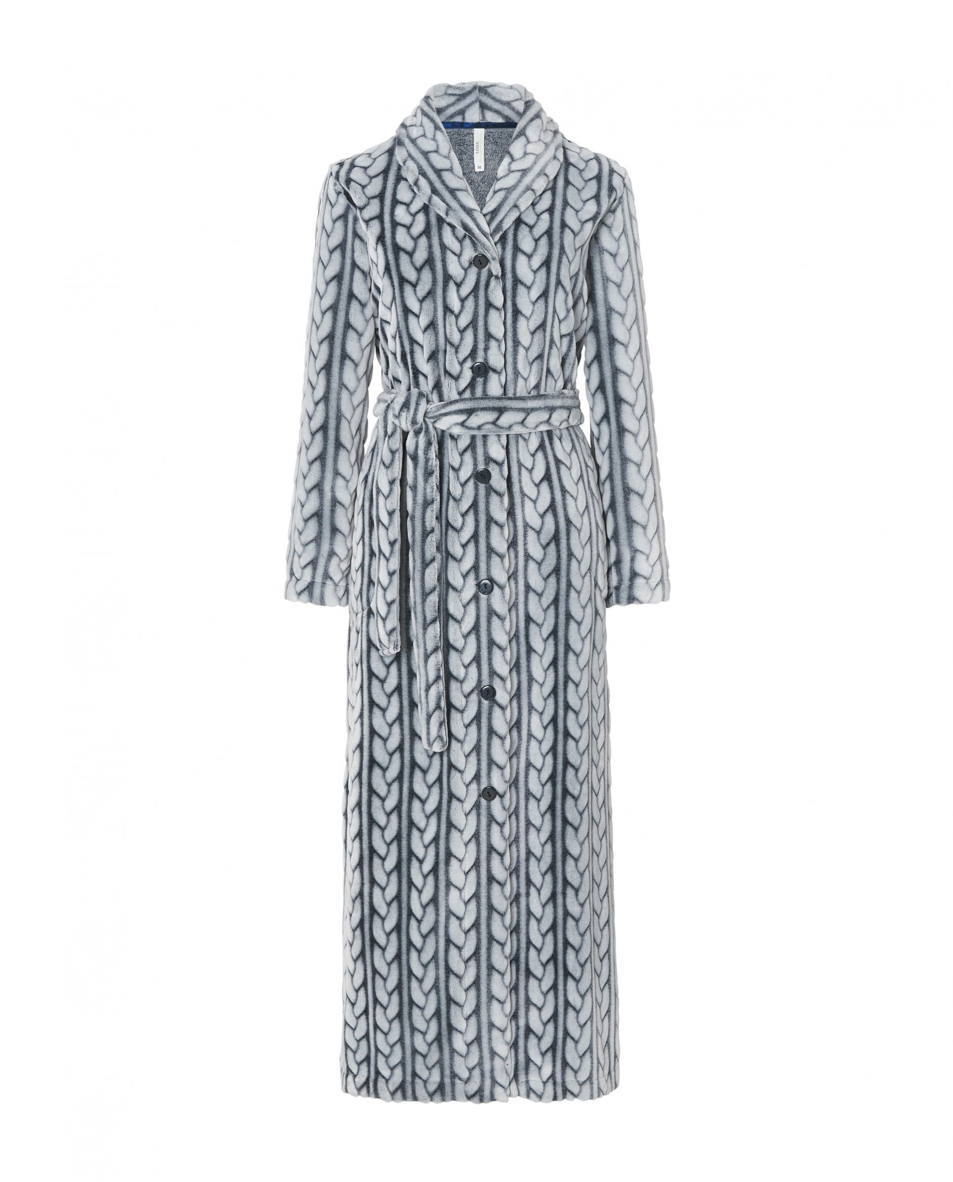 Lohe women's long dressing gown, open with buttons and belt, long sleeves, navy jacquard braid with side pockets.