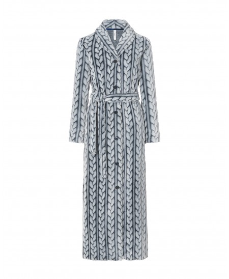 Lohe women's long dressing gown, open with buttons and belt, long sleeves, navy jacquard braid with side pockets.
