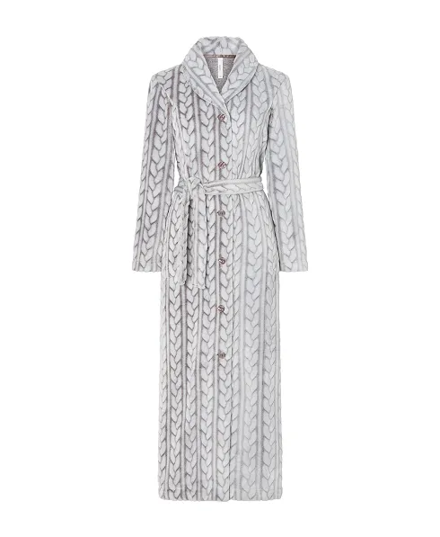 Lohe women's long dressing gown, open with buttons and belt, long sleeves, brown jacquard braid with side pockets.