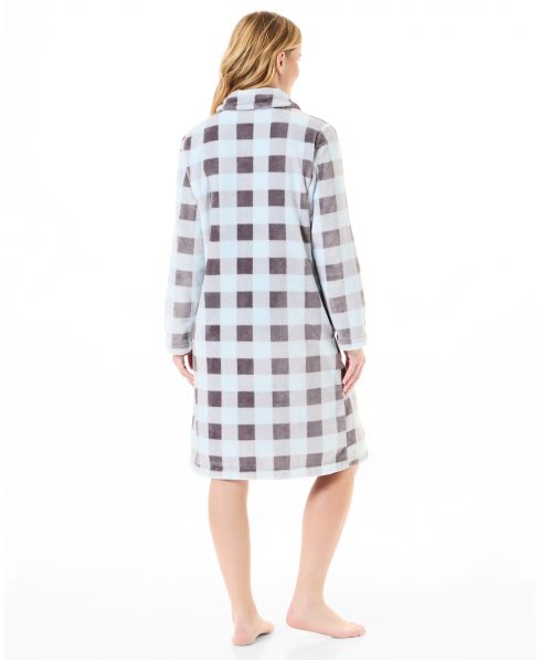 Rear view of women's light blue chequered long coat with side pockets