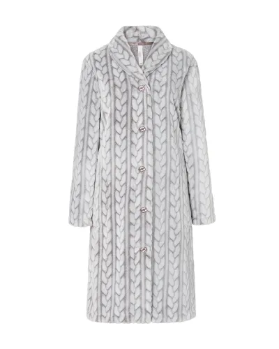 Women's long brown jaquard buttoned coat in plaited fabric with side pockets