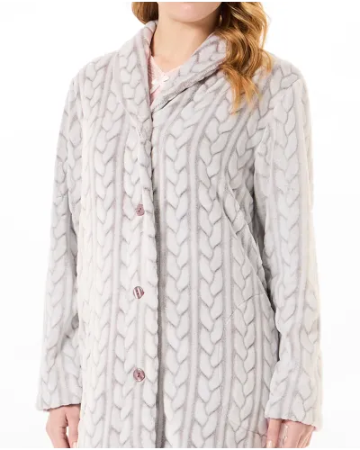 Women's long brown jaquard buttoned coat in plaited fabric with side pockets