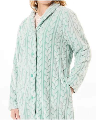 Women's long winter coat in green jacquard braided jacquard with side pockets