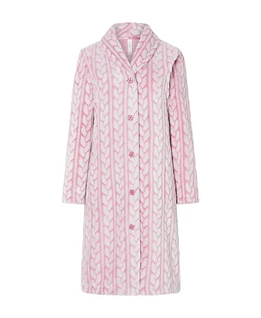 Women's winter long open buttoned coat in pink plaited jaquard fabric with side pockets.