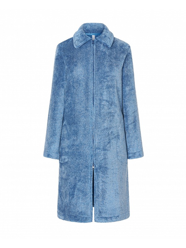 Women's long dressing gown in blue vigore with zip