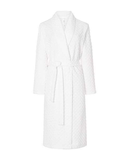 Lohe women's long dressing gown, long sleeves, ivory coloured circular knitted fabric.