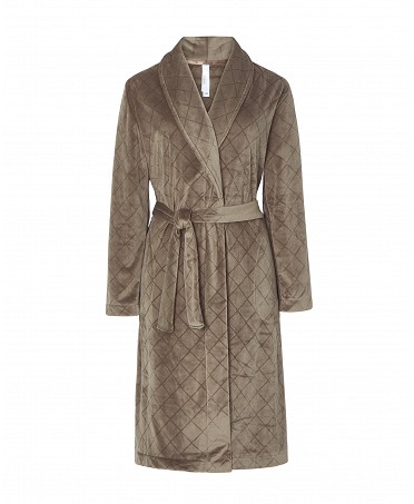 Lohe women's long dressing gown, long-sleeved double-breasted smoking coat, diamond weave, side pockets.