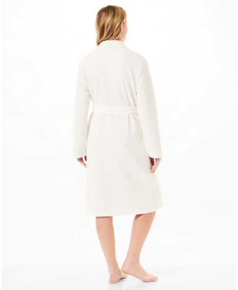 Rear view of ivory long circular knitted dressing gown