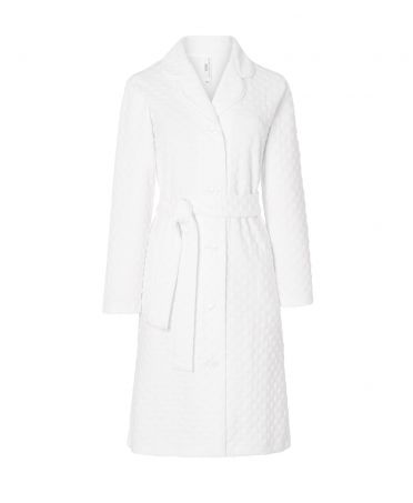 Women's long sleeved dressing gown, open with belted buttons, ivory circular knitted fabric.