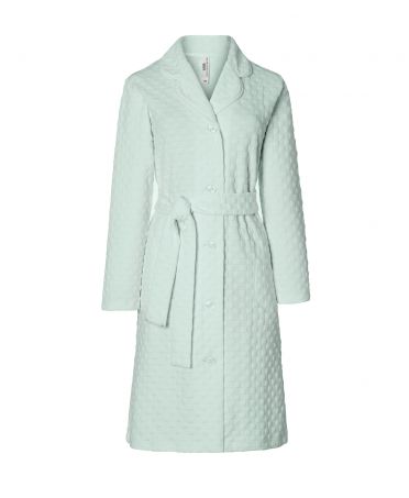 Women's long sleeved dressing gown, open with buttons with belt, green circular knitted fabric.