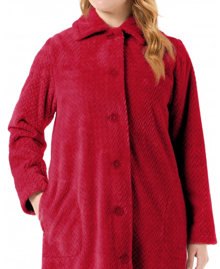 Detail view of women's burgundy long buttoned dressing gown