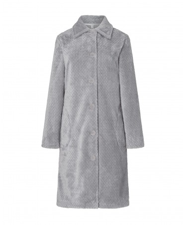 Lohe women's grey long dressing gown, open with buttons, long sleeves, herringbone weave with side pockets.