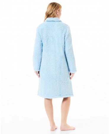Rear view of light blue sheepskin long coat with pockets