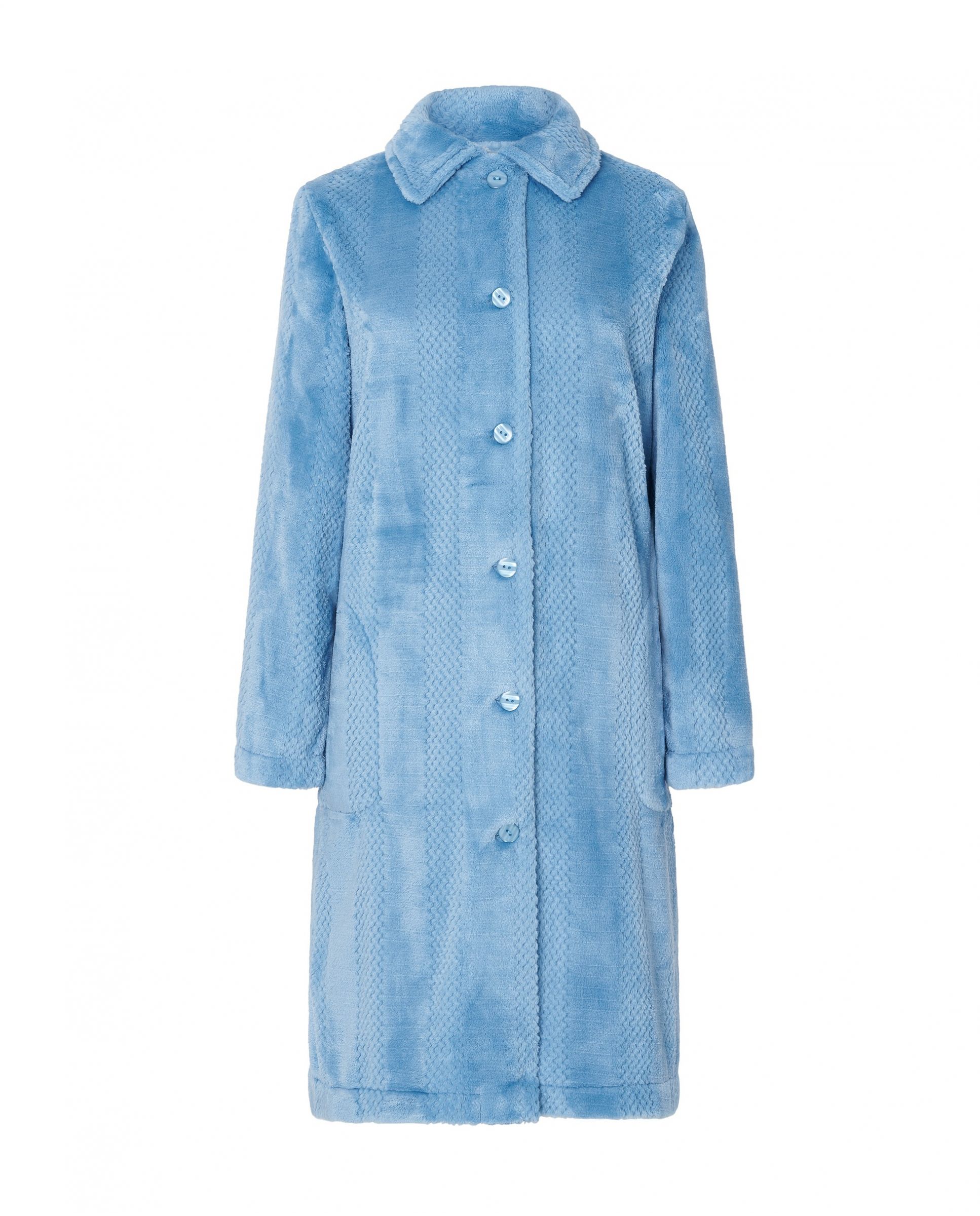 Lohe women's long dressing gown, open with buttons, long sleeves, striped jacquard fabric, and side pockets.