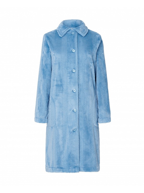 Lohe women's long dressing gown, open with buttons, long sleeves, striped jacquard fabric, and side pockets.