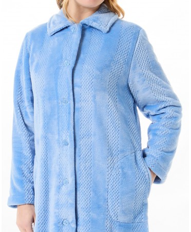 Detail view of blue jacquard weave open buttoned dressing gown
