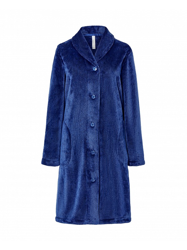 Lohe women's long dressing gown, open with buttons, long sleeves, dinner jacket collar, with side pockets.