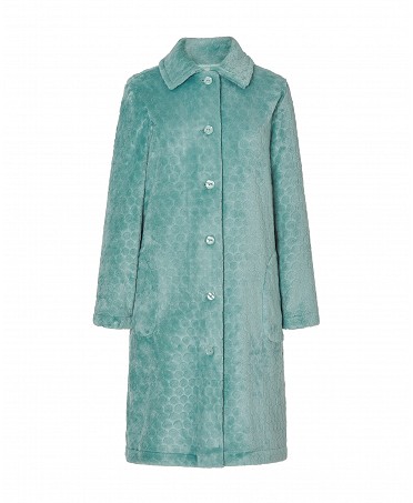 Lohe women's long dressing gown, open with buttons, long sleeves, jacquard circles, with side pockets.