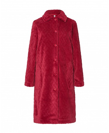 Lohe women's long dressing gown, open with buttons, long sleeves, jacquard diamond pattern with side pockets.