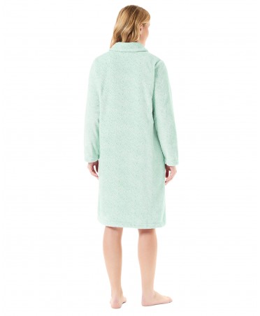 Rear view of green women's long dressing gown with buttons and side pockets