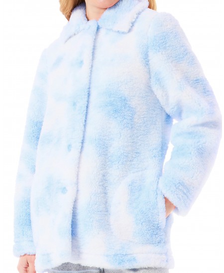Detail view of short buttoned light blue sheepskin coat with pockets