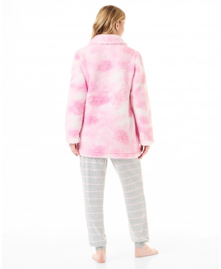 Rear view of pink sheepskin short smock for women