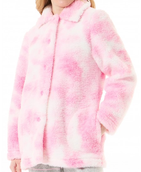 Detail view of short buttoned pink sheepskin coat with pockets