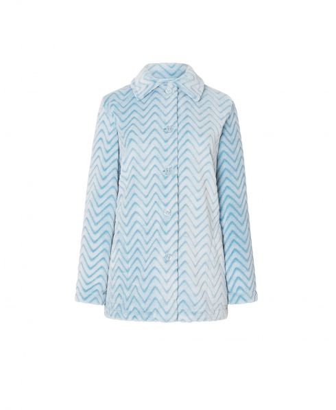 Lohe women's light blue short dressing gown, open with buttons, long sleeves, Zig-Zag jacquard, and side pockets.