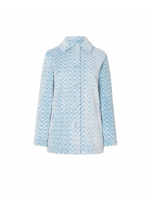 Lohe women's light blue short dressing gown, open with buttons, long sleeves, Zig-Zag jacquard, and side pockets.