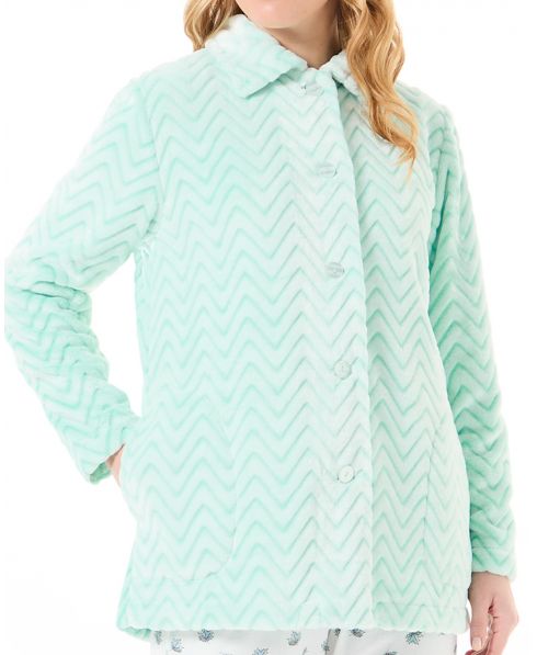 Detail view of women's short green Zig-Zag buttoned dressing gown