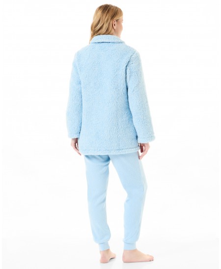 Rear view of the light blue sheepskin short coat with pockets for women