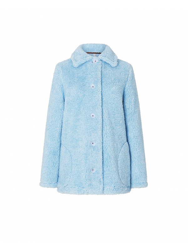 Lohe women's short smock, open with sheepskin buttons, long sleeves with pockets, light blue colour